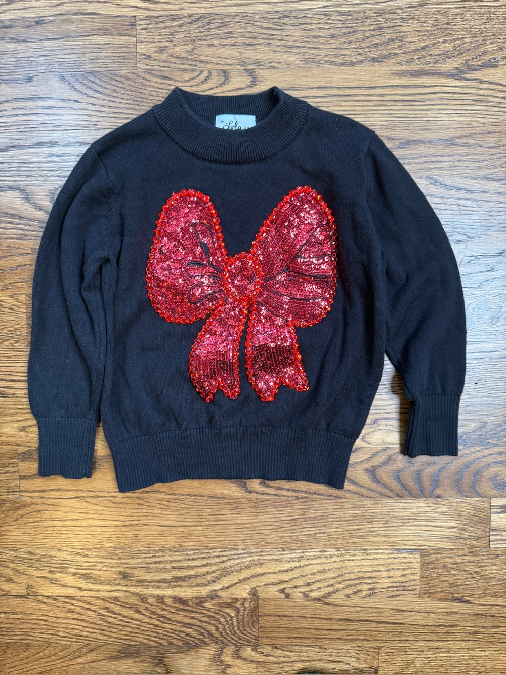 Lola + The Boys Girls Black Knit Sweater Big Red Sequin Bow Holiday Christmas 4
